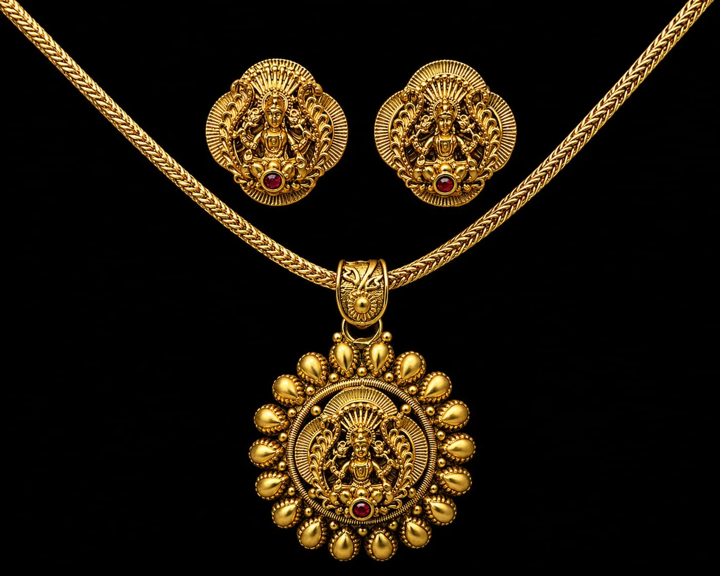 Temple Lakshmi Pendant — Antique gold with oxidised detail, Pearl and synthetic ruby
